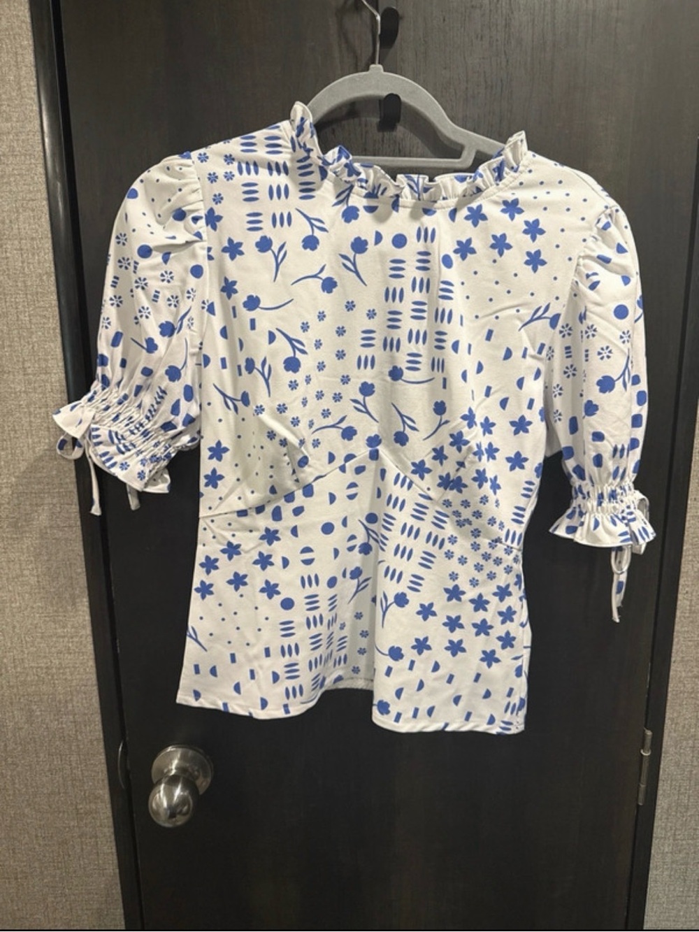 Sugarlips White Top with Blue Floral & Geometric Print